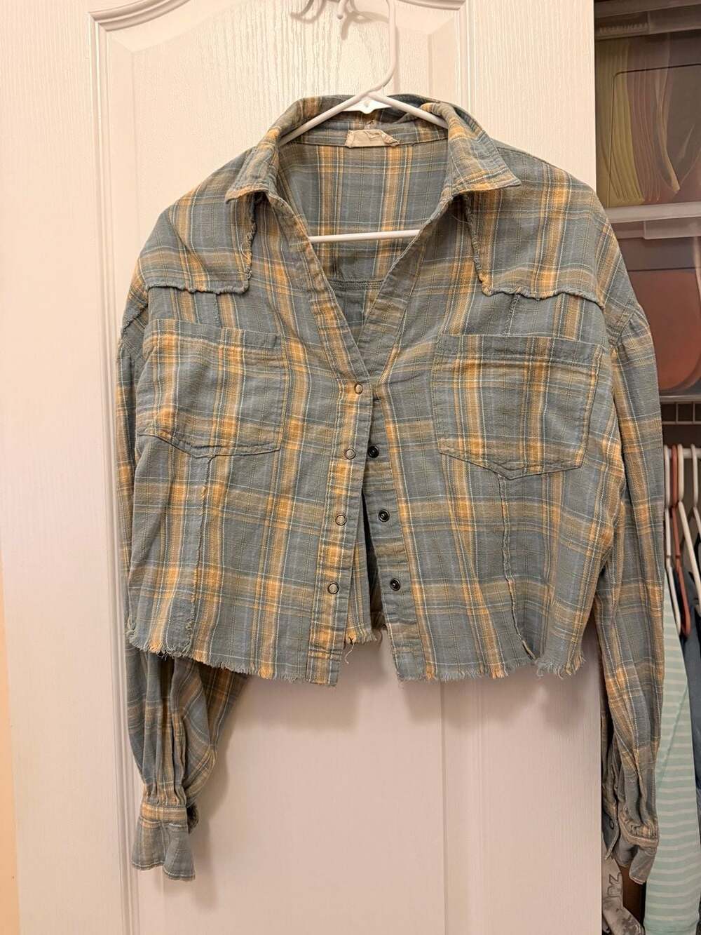 Altar'd State Plaid Cropped Button Down Shirt Size M Blue Yellow Flannel
